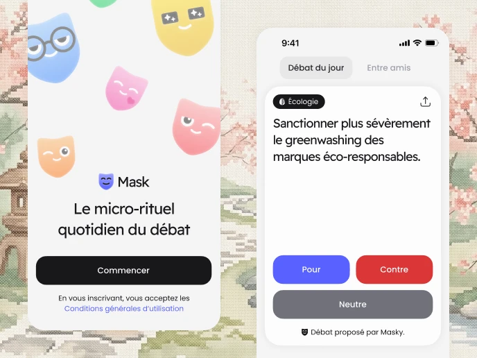 Two app screens over a cross-stitched backdrop: the sign-up screen with floating pastel masks, and the daily debate screen with For, Against and Neutral buttons.