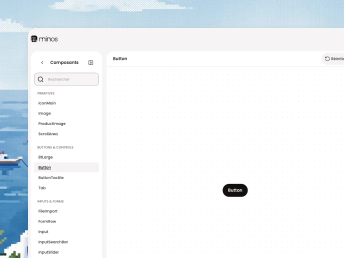 The Minos documentation site over a cross-stitched seaside backdrop: a sidebar listing components under Primitives, Buttons & controls and Inputs & forms, and a canvas holding a single black Button pill on a dotted grid.
