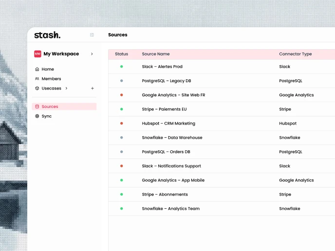 The Stash app over a cross-stitched backdrop: a workspace sidebar and a Sources table listing Slack, PostgreSQL, Stripe and Snowflake connections, each with a coloured status dot.